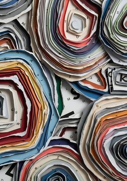 Abstract Paper Collage with Colorful Rolled Newspaper Layers and Text