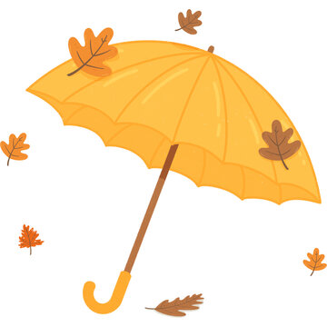 yellow umbrella with fall leaves