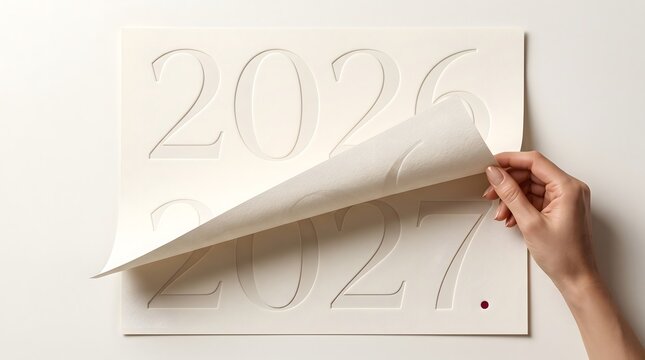 Three dimensional embossed paper with numbers two zero two six and two zero two seven represents transition of years for creative calendar design concepts.