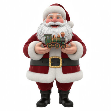 Happy santa claus standing and smiling while holding a small vintage toy train for christmas holiday season