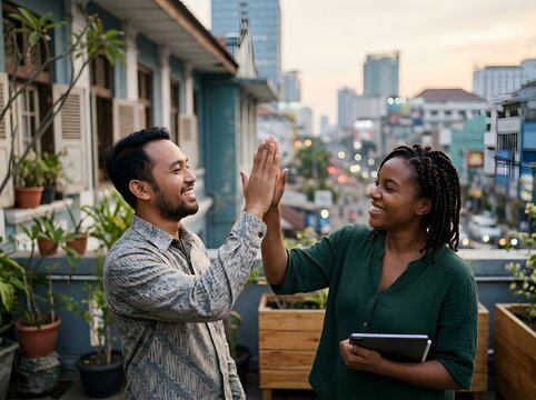 Diverse business partners celebrating success with high five on roof