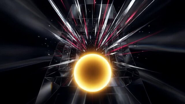 漆黒の宇宙空間をワープするように迫る黄金のコアとルビー色の光線の抽象的な3DCG背景