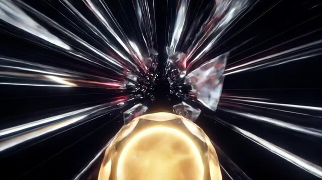 漆黒の宇宙空間をワープするように迫る黄金のコアとルビー色の光線の抽象的な3DCG背景