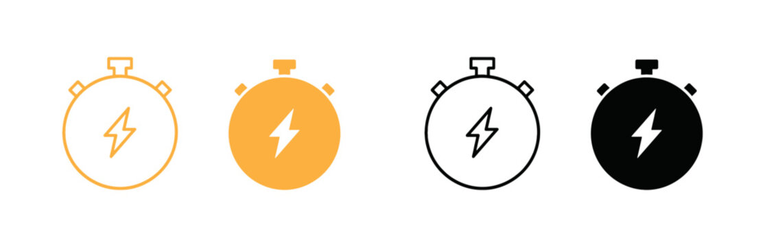 Fast charging stopwatch  icon set with yellow outline, filled, black line, and solid styles for quick speed, power timer, and performance UI .