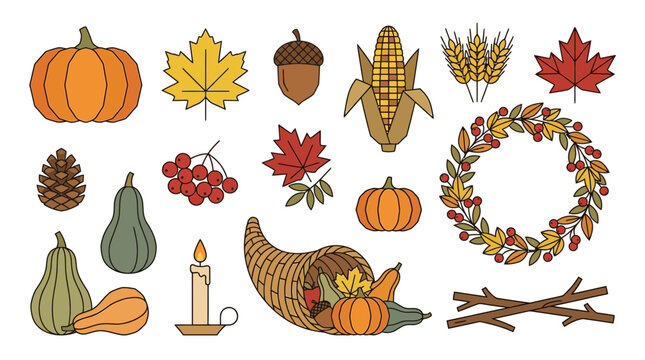 A collection of autumn harvest elements including pumpkins, corn, wheat, maple leaves, berries, and a cornucopia, symbolizing Thanksgiving and fall bounty