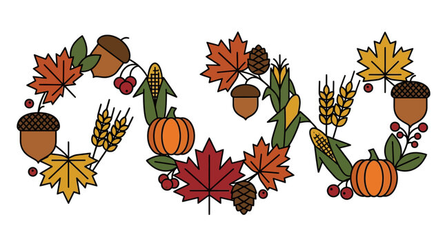 Elegant Thanksgiving decoration featuring a large wave of autumn harvest pumpkins, maple leaves, acorns, and wheat stalks