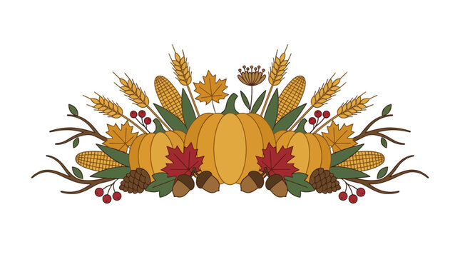 Flat illustration of Thanksgiving harvest arrangement featuring pumpkins, wheat, corn, and fall leaves
