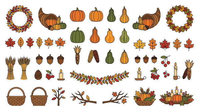 Autumn harvest and fall decoration elements, including pumpkins, gourds, corn, berries, acorns, wheat, and baskets, alongside decorative leaf wreaths and garlands