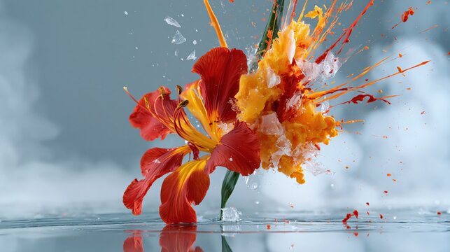Fiery red and orange flower explodes in a dynamic spray of color and ice.