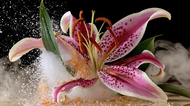 Exotic pink and white lily with swirling white mist and granular elements.