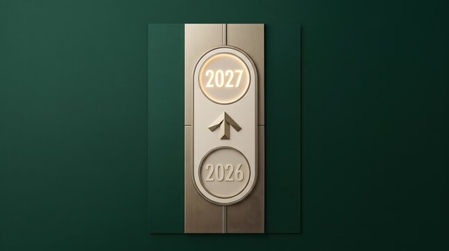 Modern elevator button panel showing years two zero two six and two zero two seven with glowing light signifies upward professional career growth.