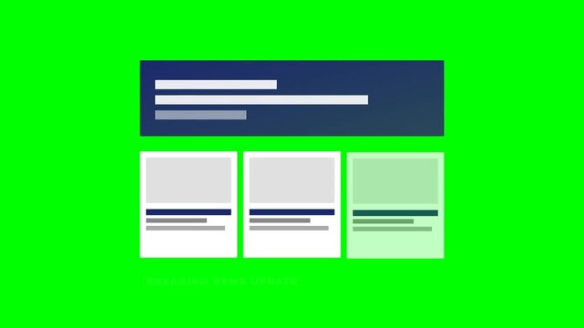 Breaking News Digital Interface Layout with Three Column Article Cards and Ticker on Green Screen