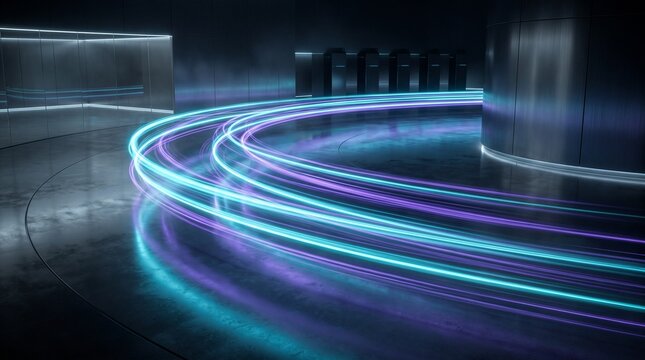 Abstract long exposure of cyan and violet light trails curving through a dark futuristic industrial setting with metallic walls and reflective concrete flooring.