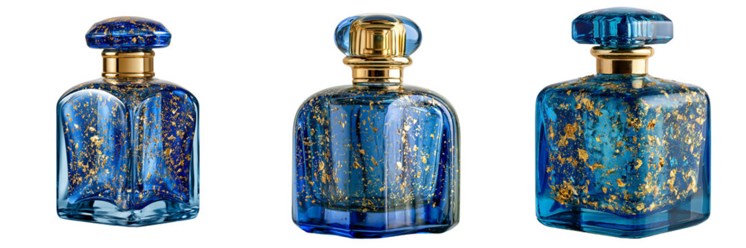Set of A premium sky-blue perfume jar with an elegant rectangular shape on transparent png background. Ai generated