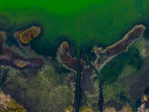 Aerial view of Telaga Warna Dieng featuring vibrant green water, small islands, and natural channels in Indonesia.