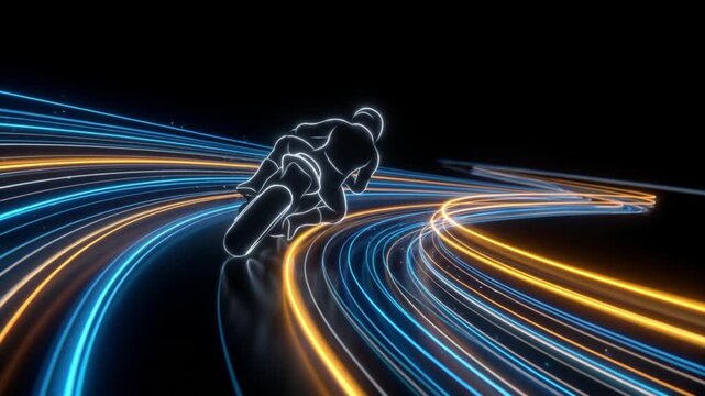 漆黒のサイバー空間でコーナーを疾走するワイヤーフレームのバイクライダーの抽象的な3DCG背景