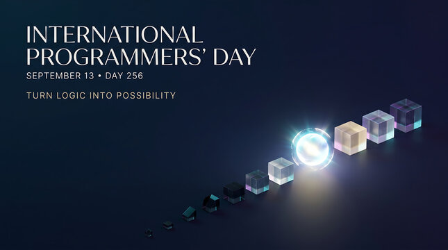 High-tech International Programmers' Day poster with glowing 3D translucent cubes transforming in a line to symbolize turning logic into possibility.