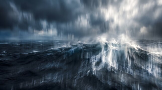 Powerful storm waves crashing in a turbulent ocean during a dark dramatic sea tempest, artistic motion blur concept