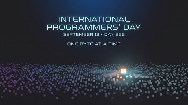 Modern International Programmers' Day banner showing a glowing golden central cube surrounded by vast digital data particles on a dark blue background.