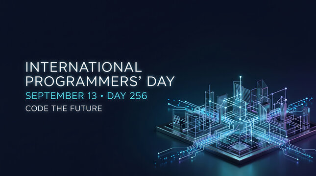 Futuristic International Programmers' Day banner featuring glowing blue architectural circuit structures, celebrating Day 256 with a "Code the Future" concept.