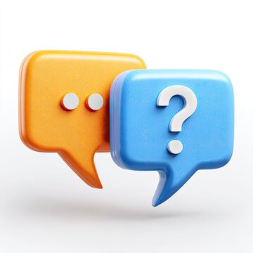 Two 3D speech bubbles, one orange, one blue. Orange bubble contains two small white dots, blue bubble contains a white question mark