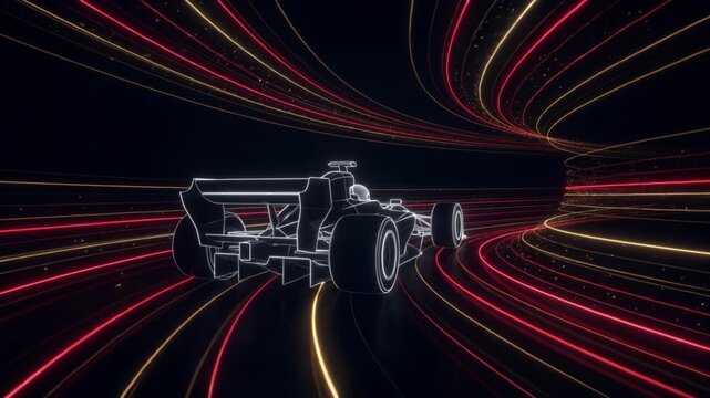 漆黒のサイバー空間でコーナーをドリフトするワイヤーフレームのフォーミュラカーの抽象的な3DCG背景