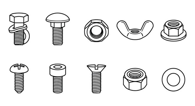 Various fasteners including bolts screws and nuts in a vector illustration