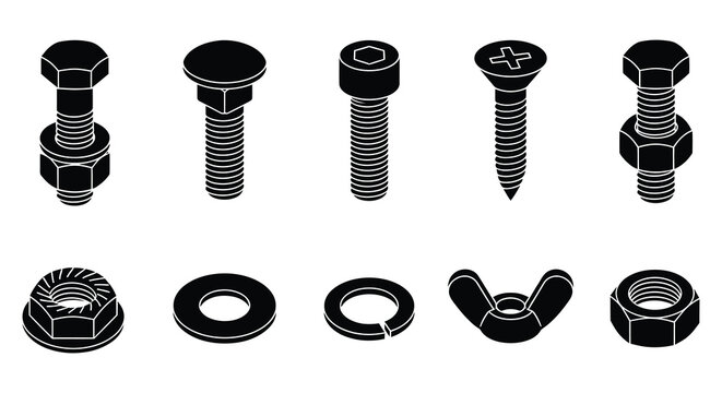 Various fasteners including bolts screws and nuts in a vector illustration