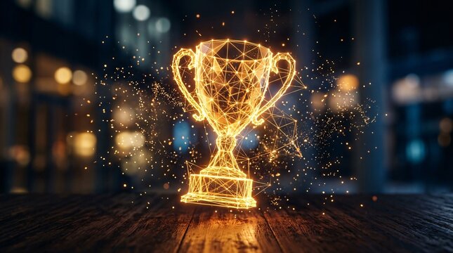 Glowing digital wireframe trophy cup on a dark wooden table, representing victory, achievement, and modern technological success.