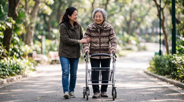Smiling asian senior woman using a mobility aid while walking in park with her adult daughter. Caring female caregiver assisting elderly mother during rehabilitation stroll outdoors.