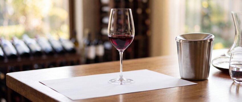 Crystal glass of red wine stands on white paper placemat in rustic vineyard cellar for professional sommelier tasting and flavor analysis.
