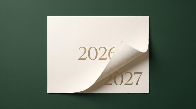 Elegant paper curl effect revealing 2027 under 2026 with gold typography on premium textured green surface for luxury annual report visual templates.