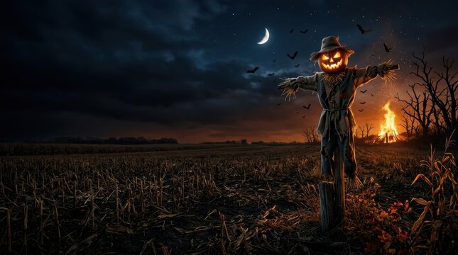 Halloween scarecrow with glowing pumpkin head standing in harvested cornfield at night with crescent moon, flying bats and distant bonfire.