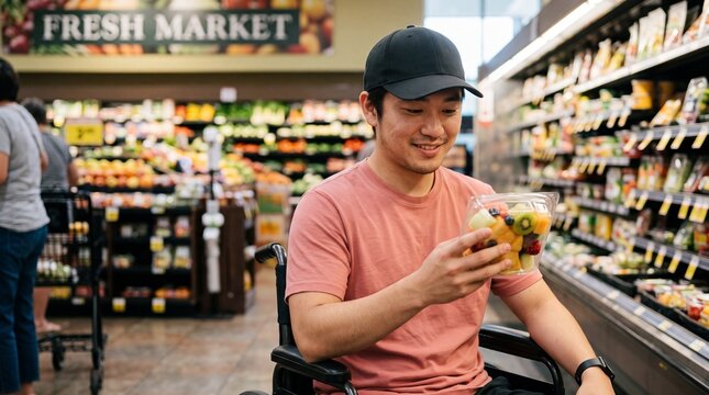 Happy asian man in wheelchair choosing fresh fruit salad in modern grocery aisle. Smiling shopper enjoying store accessibility during independent healthy food purchase.