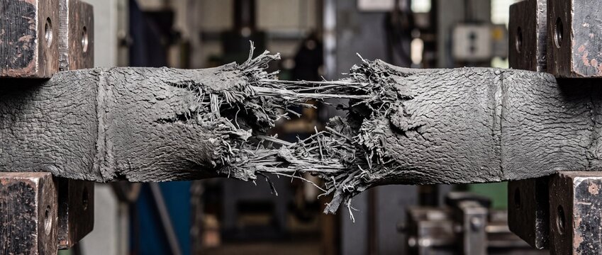 Industrial tensile testing machine snapping reinforced composite carbon bar illustrates material strength analysis and failure limits