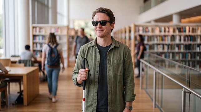 Smiling caucasian man with visual impairment holding white cane in modern university library. Visually impaired student navigating campus with full accessibility and inclusion.