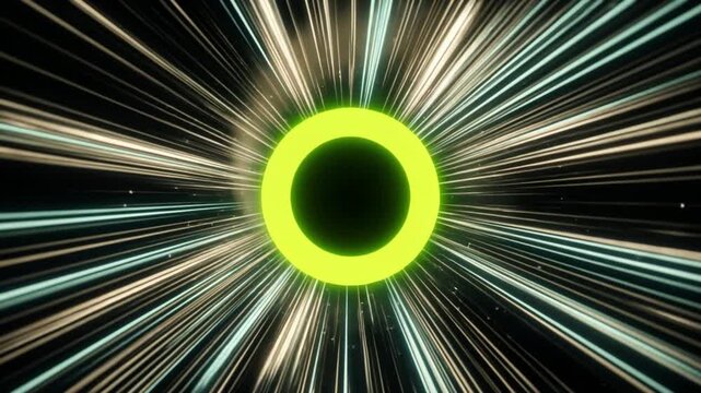 漆黒の宇宙空間をワープするように迫る黄金比の螺旋光とライムグリーンのコアの抽象的な3DCG背景