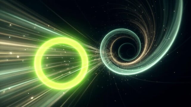 漆黒の宇宙空間をワープするように迫る黄金比の螺旋光とライムグリーンのコアの抽象的な3DCG背景