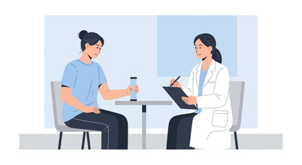 Fototapeta premium Doctor Consults Patient Holding Medication Bottle Isolated Transparent Background