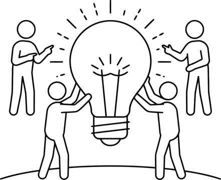 Group of people working together to hold and build a big lightbulb representing a creative idea and teamwork concept in a simple line art drawing style