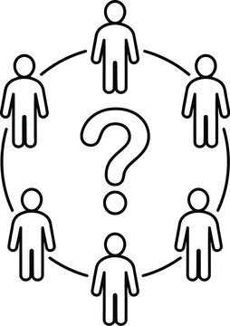 Group of people standing in a circle around a question mark symbol representing team uncertainty or looking for answers in a business concept line art illustration