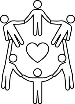 Group of people holding hands in a circle around a heart shape icon illustration