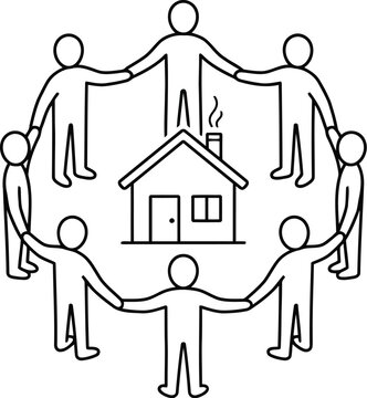 Group of stick people holding hands in a circle around a small house symbol representing community and family home safety concept illustration in black and white line art