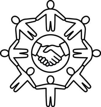 Group of people holding hands in a circle around a handshake icon representing teamwork unity and business cooperation