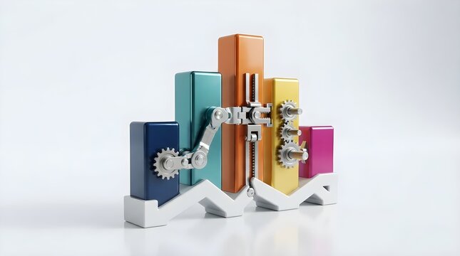 3D render of colorful bar chart with gears and robotic arm representing financial automation and data engineering isolated on white background