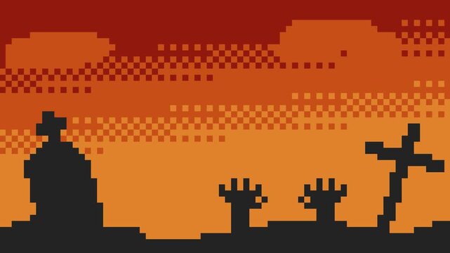 ドット絵のゾンビと墓地,ハロウィンのループ背景素材,オレンジ