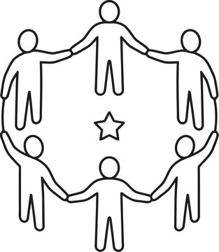 Group of people holding hands in a circle around a star symbol representing teamwork and unity