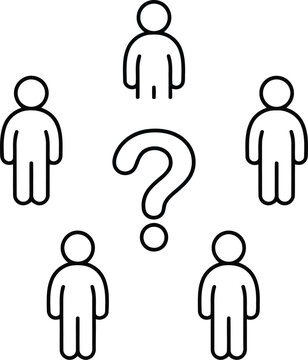 Group of people standing around a large question mark symbol representing team confusion or needing answers and problem solving in a simple black outline icon style
