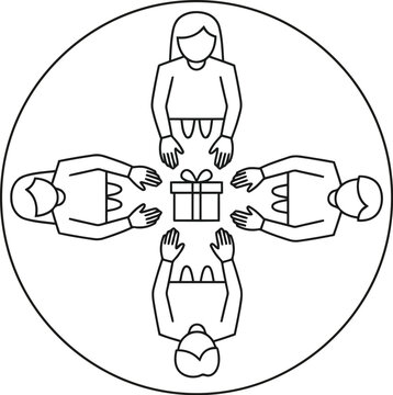 Top view of four people sitting around a circle table and sharing a gift box in the center as a simple black and white line art vector icon illustration design