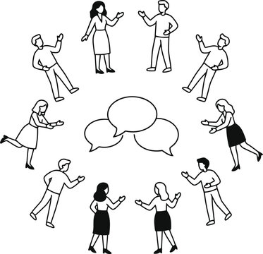 Group of diverse business people standing in a circle talking with speech bubbles in the middle representing communication teamwork and professional networking
